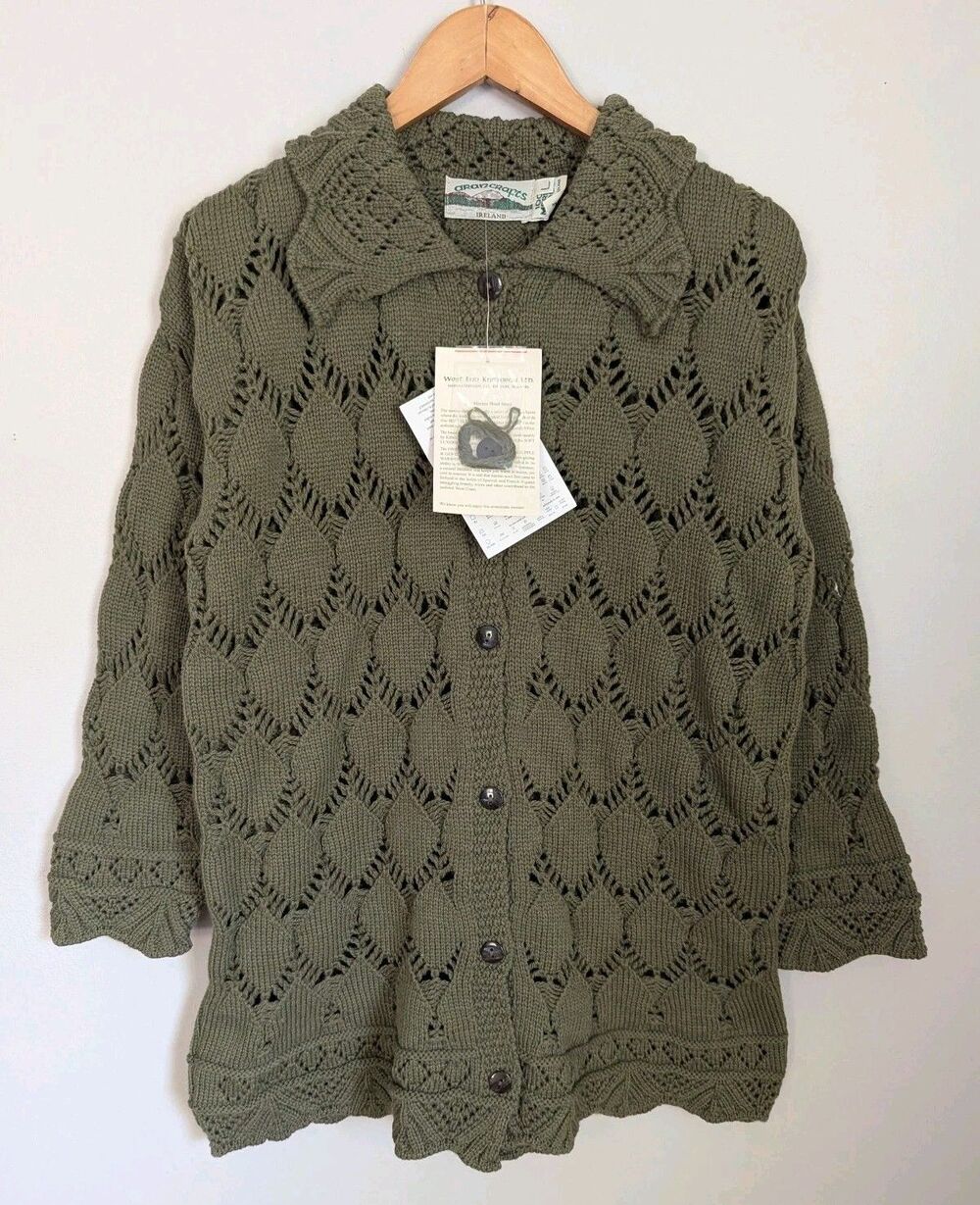 New ARAN CRAFTS Merino Wool Cardigan Sweater Ireland L Olive Green Open Knit NWT